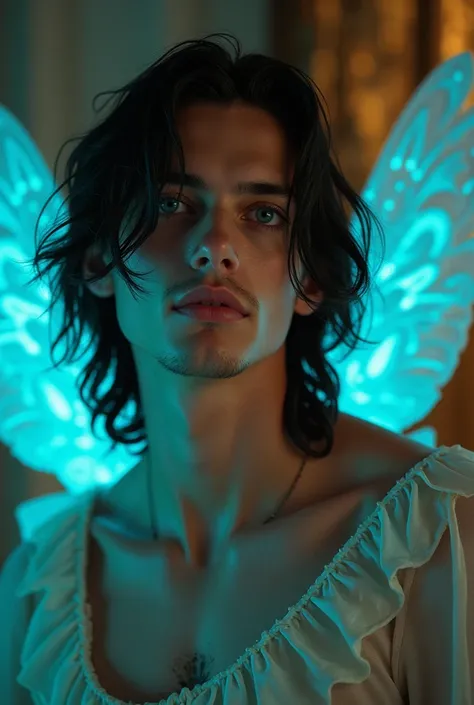 Handsome young man face soft white Caucasian features blue eyes long black hair well-defined body fairy wings his skin is porcelain He is wearing a Pirrot outfit in a vintage setting add a cyan spotlight light to his face 