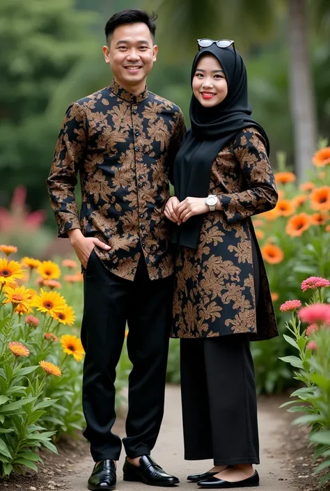 a handsome 27 year old man, short and neat hair, and a beautiful 27 year old Asian woman wearing a hijab and long syari headscarf covering her chest, wearing glasses on her head, wearing brown shoes, they both wear bright black batik couple clothes with a ...