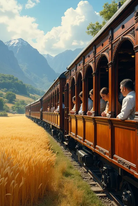 A classical style train slowly travels through picturesque rural fields, with its body covered in gorgeous wood carvings and copper decorations, exuding a sense of historical weight. The passengers in the car are all dressed in classical clothing, either c...