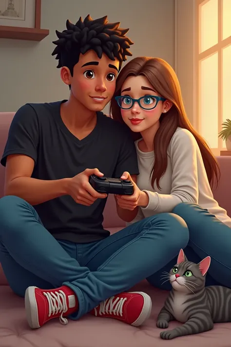 Create the image of a couple.
Tanned man;  short curly black hair ;  brown eyes ;  wearing a black t-shirt ,  wears jeans and red sneakers ;  holding video game control
White woman; low; long and straight hair, light brown; Wear square blue glasses ;  safe...