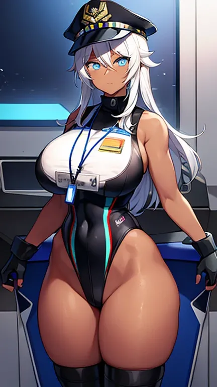 1girl, dark skin, dark-skinned female, police uniform, police, white hair, long hair, blue eyes, police hat, huge breasts, wide hips, thick thighs, policewoman, futuristic, neon trim, science-fiction, machinery, tech, blue trim, glowing eyes, toned female,...