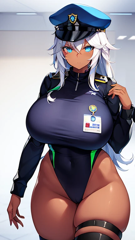 1girl, dark skin, dark-skinned female, police uniform, police, white hair, long hair, blue eyes, police hat, huge breasts, wide hips, thick thighs, policewoman, futuristic, neon trim, science-fiction, machinery, tech, blue trim, glowing eyes, toned female,...