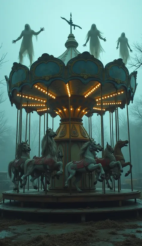 A horrifying and eerie carousel in the middle of an abandoned, haunted amusement park. The carousel spins slowly, its lights flickering erratically, casting an unsettling glow on the decayed and zombified horses and unicorns. The creatures are grotesque, w...