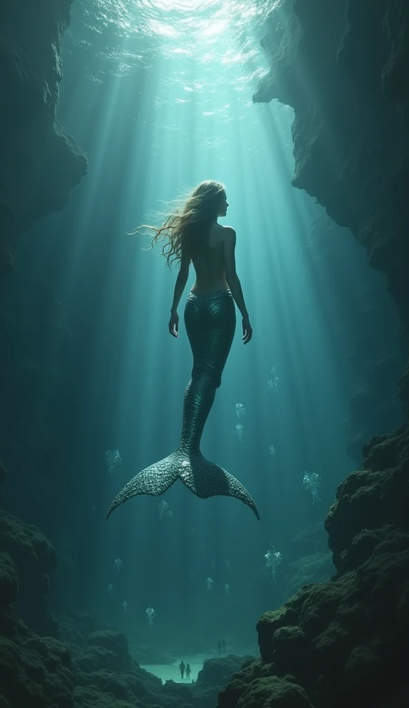 Mermaid swimming in a sea abyss, imagen realista