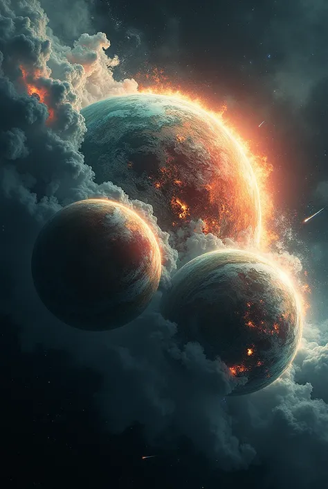 Three planets in the middle of colliding and merging with eachother