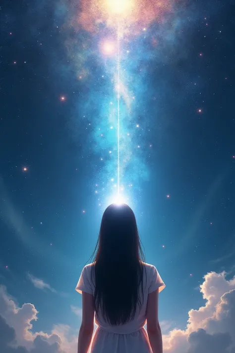  girl , like me ,  with long dark hair , stands facing,  conducts a craniosacral therapy session against the background of the universe.  From above, the Creator sends a ray of light into her head 