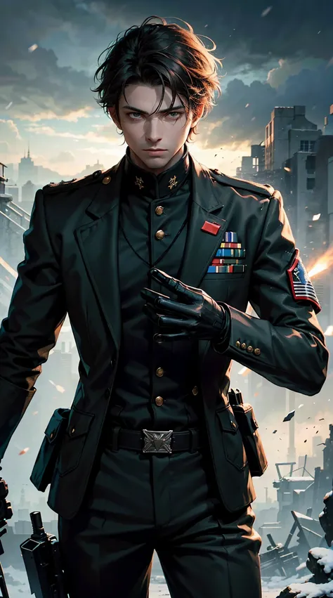 One young man, brooding, ww2 black suit, general, short brown hair, green eyes, red blood element,hd light and dark, balance rendering, HD lighting and dark )<=(epic image quality)dark atmosphere with bright particle light, snow in the background 