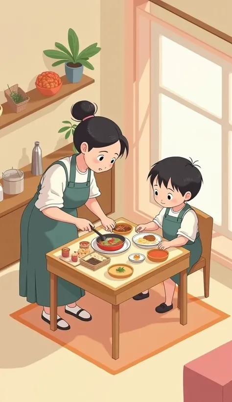 ( masterpiece : 1.2, very high quality,  Ultra-high resolution ,  super detailed), 8k, ( wallpaper), ( Best illustrations : 2.0), ( Mother cooking for her son,Son at the table eating chibi : 2.0),Very simple design ), ( isometric illustration ) lofi, cozy,...