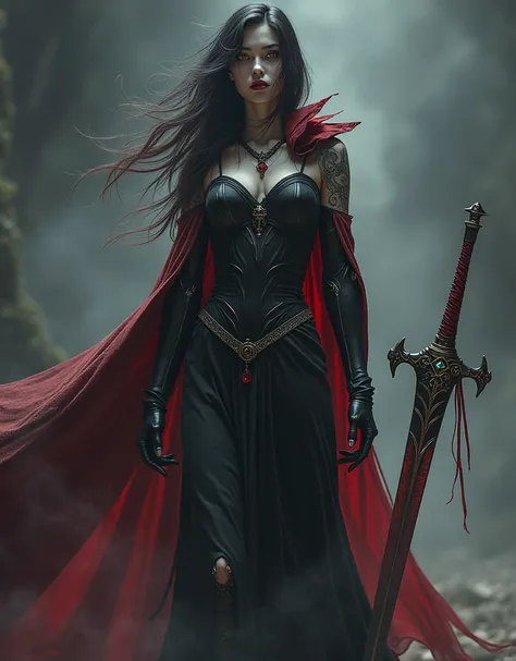 A tall and imposing female figure with a pale, almost porcelain complexion and angular facial features. She has long, flowing hair that blends supernatural shades of black and red with a slightly wavy texture. Her eyes are striking and captivating, glowing...