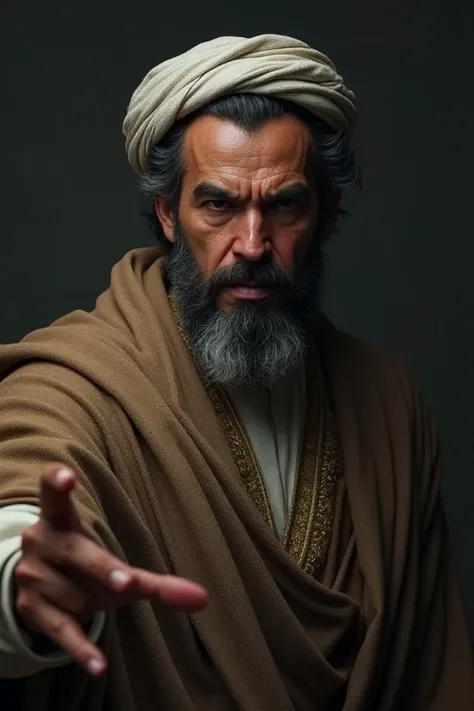 "A protective scene, Prophet muhammad with a fierce and serious face, pledging to defend, with a darkened background, ultra-realistic with rich textures and details."