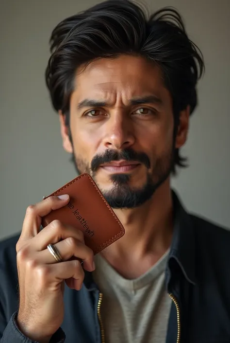 Young man like shahrukh Khan holding simple wallet or wallet in his hand and written theleatherwh 