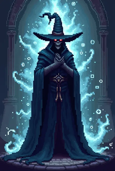 a pixelated sprite of a dark wizard seen from the front
