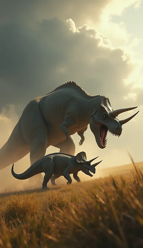 "A dramatic scene of a Triceratops facing off against a Tyrannosaurus Rex in a prehistoric savanna. The Triceratops lowers its head, ready to charge, while its three horns gleam with a menacing sheen. Dust rises around them, and the tension is palpable und...