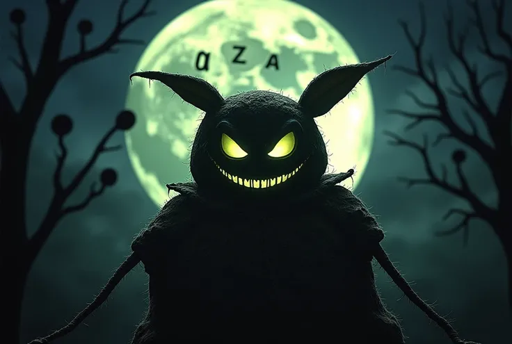 L’ombre du visage de Oogie Boogie qui sourit avec la lune derrière lui où est écrit « AZA » dessus
