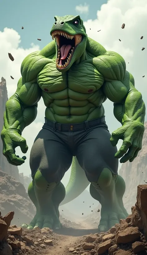 Imagine a colossal, fearsome hybrid creature that merges the incredible strength and rage of Hulk with the terrifying ferocity of a T-Rex. This monstrous being towers over its surroundings, showcasing a massive, muscular body covered in vibrant green skin ...