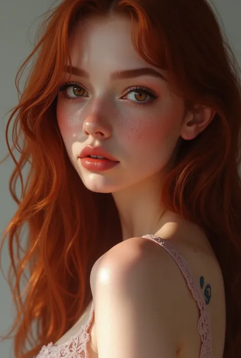  A 20-year-old woman with pale skin without imperfections,  thick delicate pink lips , honey eyes, with a tender gaze,  with some freckles on the sides of her face,  long and even eyelashes ,  long wavy dark red hair ,  small and natural nose , and submiss...