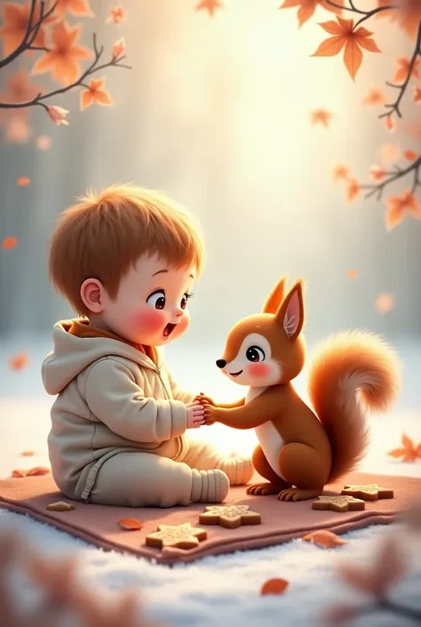 A 15-month-old baby sits on a picnic blanket next to a squirrel holding a decorative ball. The scene is filled with winter leaves and details like star-shaped cookies.