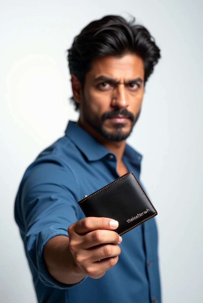 Young man like shahrukh Khan holding simple wallet or wallet in his hand and written theleatherwh with white background and blue shirt