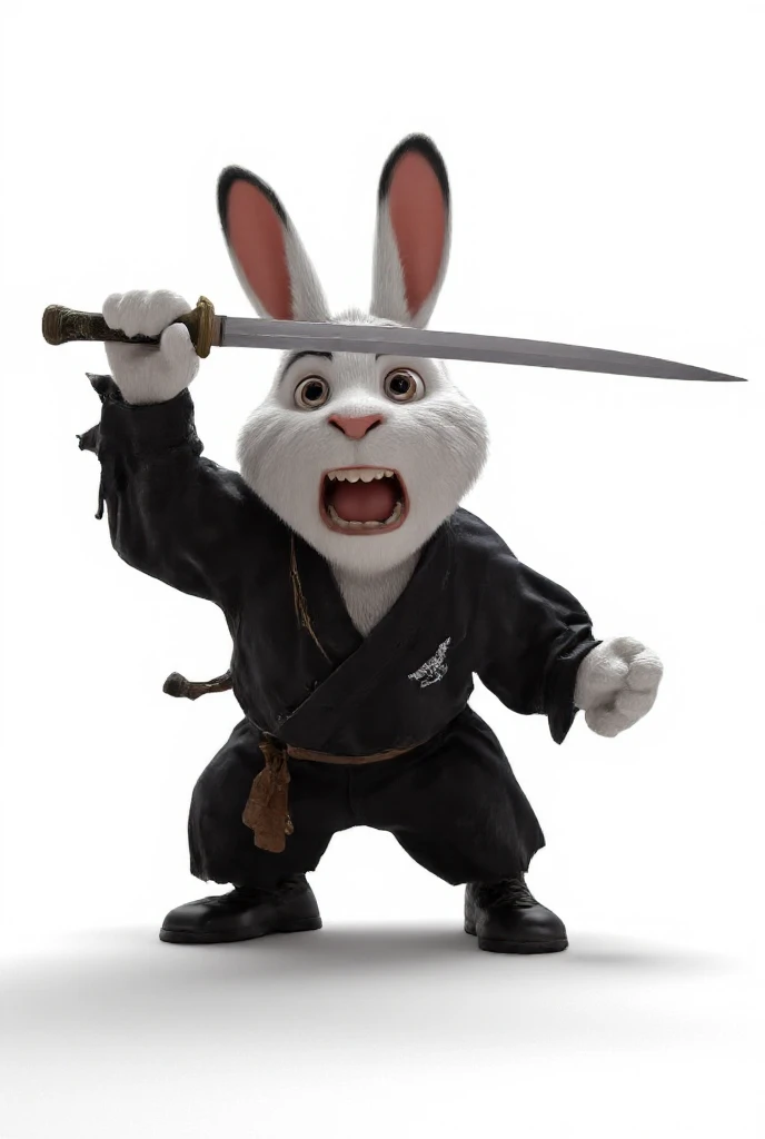 3D Cartoon of a white rabbit man in a ninja costume doing a pose. Cool pose of swinging a sword. See the details of the fur and various clothes in detail. White background.