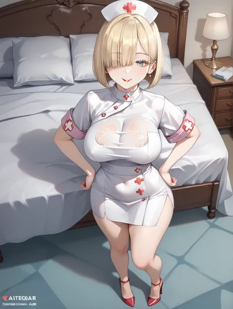  masterpiece,  The best quality,  looking at the spectator , score_9, score_8_above, score_7_above,source_anime,
Luxurious bedroom  ,  sexy girl, 1 girl ( full body, curvilinear, blonde hair,  cut bob,  hair over the eyes, choke, sexy pose standing ,  Sexy...