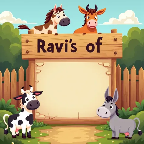  Invitation to a ,  themed party with a playful and cheerful look .  Show a background with farm sign , including a horse ,  a cow and a donkey designed in the style  .  The main text reads :  s of Ravi on a wooden pendant sa .  Add details :  You are our ...