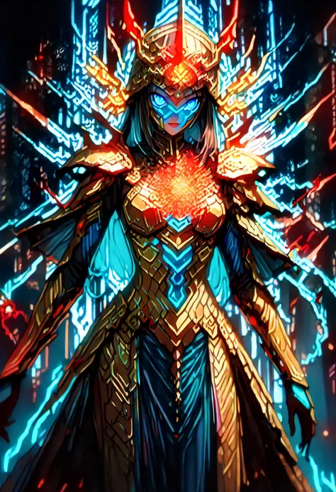 A woman adorned in fantasy-style full-body armor, a crown-concept fully enclosed helmet that unveils only her eyes, a composite layered chest plate, fully encompassing shoulder and hand guards, a lightweight waist armor, form-fitting shin guards, the overa...