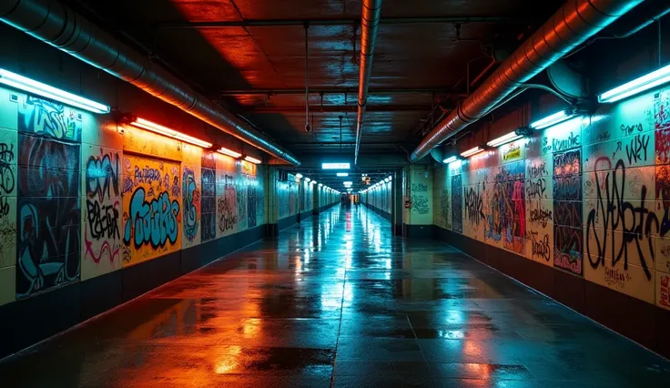 camera view from down earth to A dimly lit urban subway tunnel with graffiti-covered walls, glowing neon signs in various colors, and a wet, reflective floor. Exposed pipes line the ceiling, and the perspective leads to a bustling train platform in the dis...