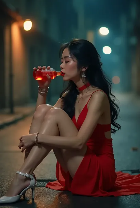 Highest quality, masterpiece,  Ultra High Resolution, 16k,  full body portrait, night,  Desolate Street ,  A young Chinese girl who is suffering from a severe hangover sits on the street,  The girl has her eyes closed and her limbs are as paralyzed as if t...