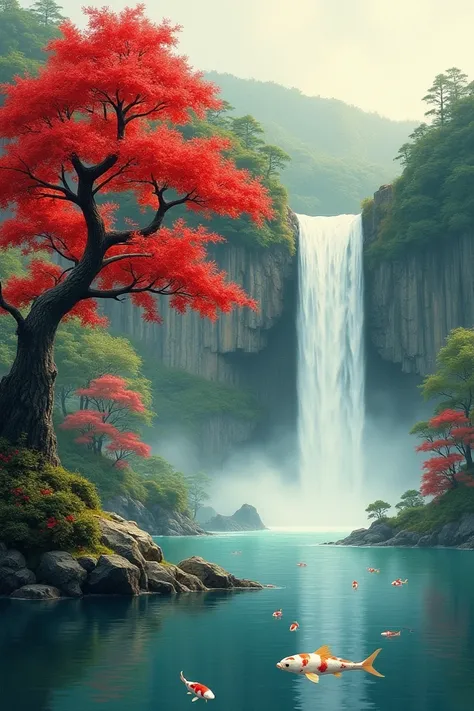 create image of waterfall with a lake, and a red acer tree with koi fishes in the lake in japan painting style