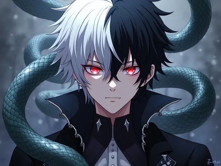  Makes a man with black hair on one side and white on the other with light red eyes styler   , anime,  avec un serpent 