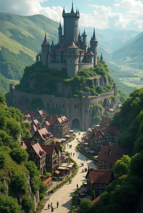  A small fantasy city with a black castle, surrounded by a fortress wall . It has residential and shopping districts with fairs.  view from above ,  high quality ,  photorealism , fantasy style. 