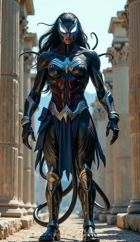 Create a hyper-realistic 4K image of a Wonder Woman Venon hybrid being, its fierce, it has several synbiose tentacles, in the background Greek temples