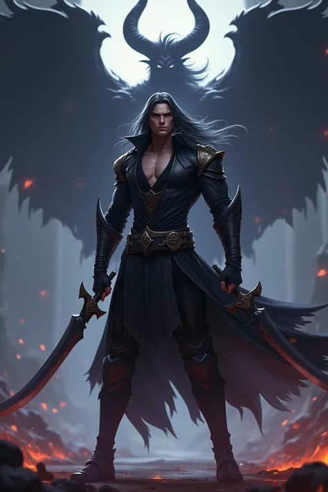 Makes me a Hero MLBB. A man with long hair with a black outfits, holding weapon Katar in left and right hand. He stand alongside his silhouette of his Demon Form in his black. The demon doesnt have wings.