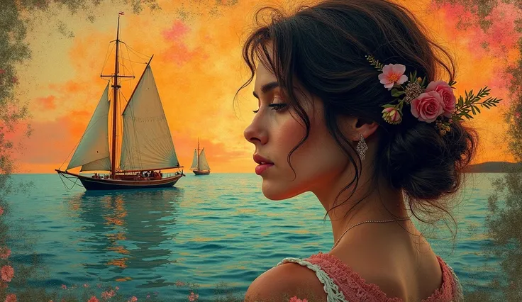  old profile photo of a beautiful woman ,  stencils looking at sailboats ,  multilayer textured mixed media art style, saturated colors, stencils , fantasy,  hyperrealistic composition , bright colors,  Complex Details ,   ultra-realistic ,  professional i...