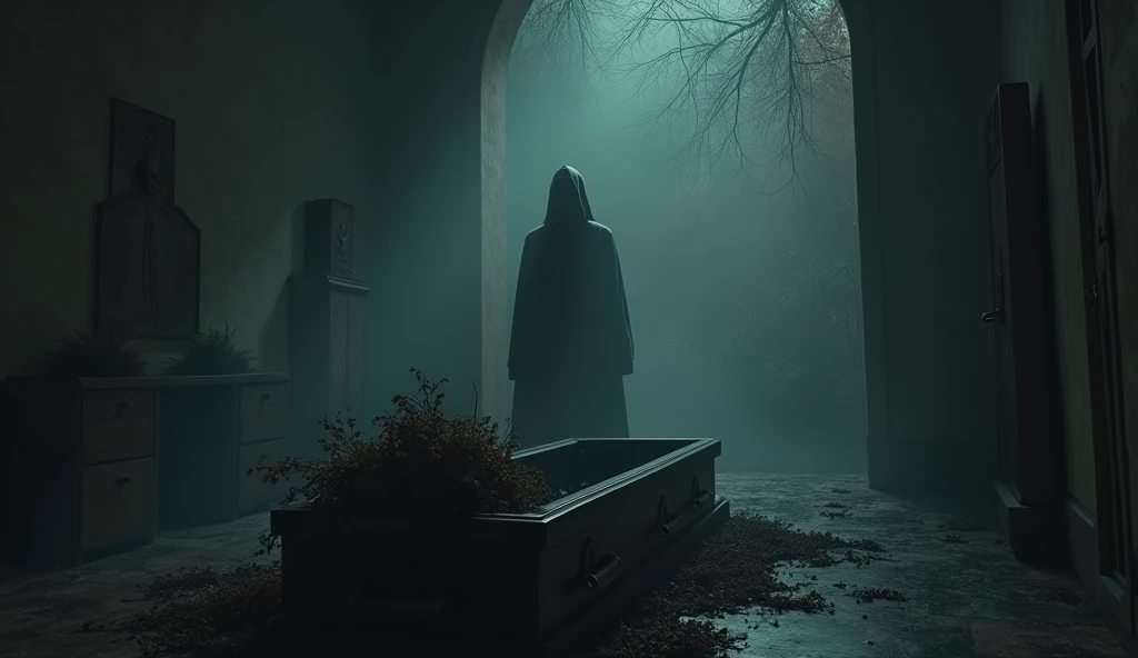  A dark funeral visiting room with an open casket in the foreground. in the distance,  an ominous hooded figure standing in the dark ,  with the lights flickering faintly .  The flowers placed in the room are dry and wilted , and an air of abandonment cove...