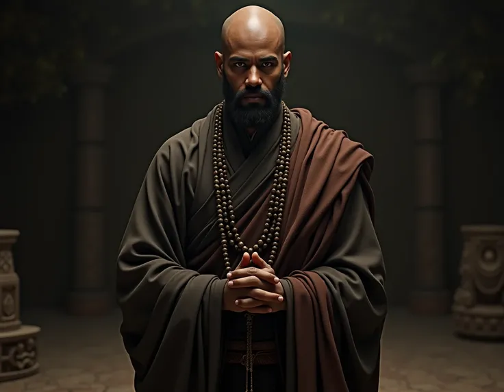 monk, dark skin, dark brown eyes, short beard, robes, prayer beads necklace and bracelets, bald head, male