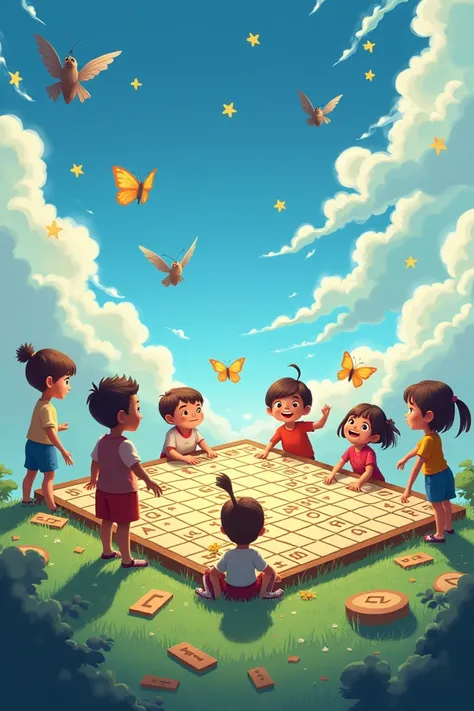 I want to crate a game poster. Name of game "Whispers in the Wind". Put girls and boys playing giant scrabble on the sky. The themes of poster shoul be blue. Make it more colourful and creative.