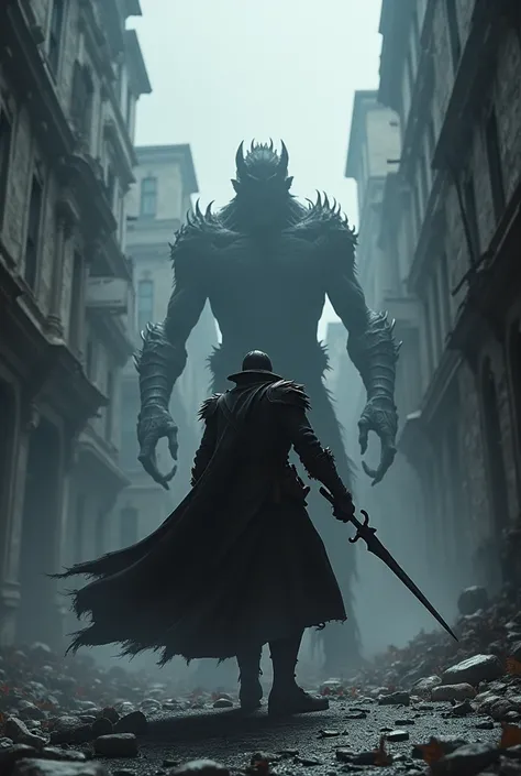 Une image basée sur le jeux vidéo bloodborne , le chasseur en premier plan entrain dassassiné une bête dans les rues de Yahrnam.
Je veux que la tenue du chasseur sois comme celle du jeux video , exactement pareil. 