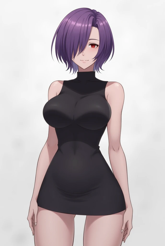 cuerpo high, high,  long legs, mature female , maduro, adult,  Simple background eft_rubicundo, 1 girl, alone, breasts, dress, dress de cuello high, short purple hair, dress negro, red eyes, breasts grandes, sleeveless, smile,  medium hair,  looking at the...