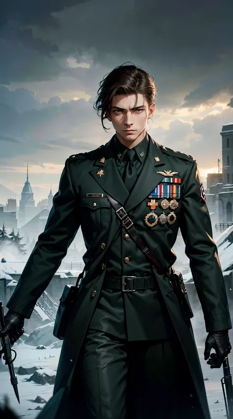 One young man, brooding, ww2 black suit longcoat, general, nazi german, broad shoulders, short brown hair, green eyes, hd light and dark, balance rendering, HD lighting and dark )<=(epic image quality)dark atmosphere, snow in the background 