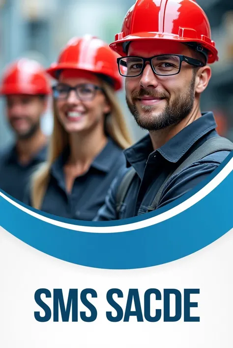  Design a logo that has the name SMS Sacde and is related to safety and hygiene with a working environment background. People with red helmets and safety glasses working.