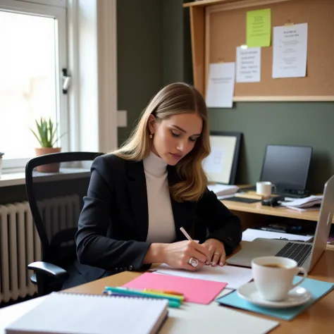 The scene of a beautiful executive girl planning her tasks and activities at her desk in the office can be very inspiring. Imagine a young professional, dressed in a modern and elegant suit, sitting at a tidy desk, with an open laptop in front of her.

on ...