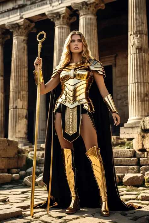 An electoral poster of a powerful, regal female titan standing tall in the center of a grand, ancient Roman city. She has long golden hair, wearing a gold and black armor set that reflects her authoritarian nature, with intricate Roman designs and a cape f...