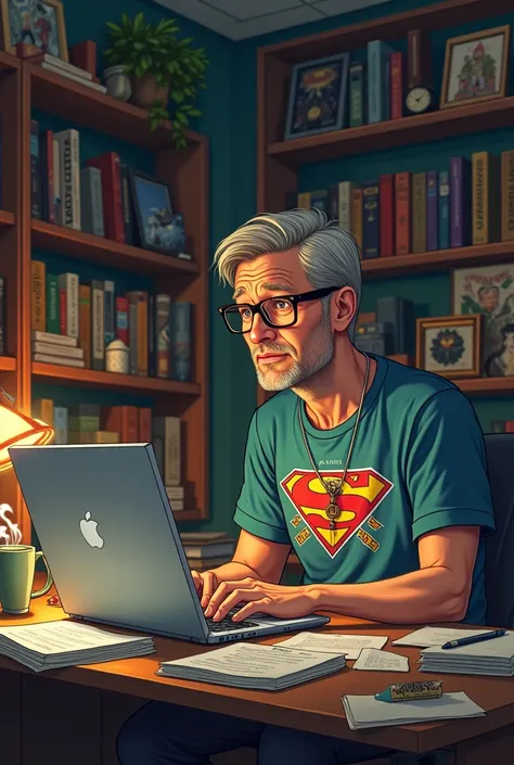 Comic book man with glasses working on laptop