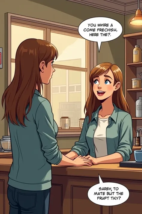 "Comic panel: Sarah, a young woman with light brown hair and casual clothes, standing at the counter of the coffee shop. She is politely asking a smiling woman behind the counter, Excuse me, where is the bathroom? The background includes a restroom sign an...