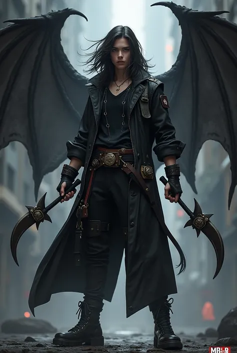 Makes me a Hero MLBB. A teenager with long hair and simple steampunk black outfits, holding weapon Claw in left and right hand. He stand alongside his silhouette of his Demon Form in his back. The demon doesnt have wings.  Makes in landscape mode and add M...