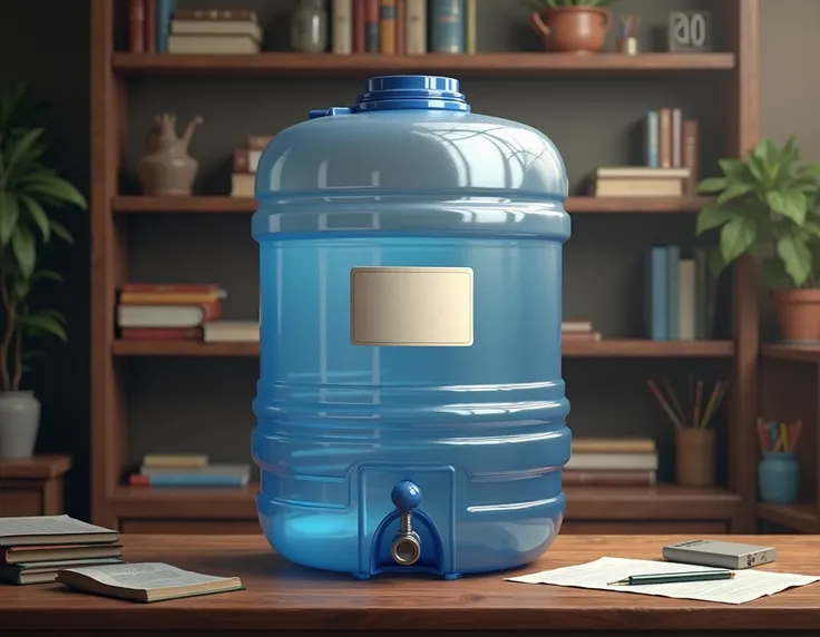  20L water tank with label in the center, without dispenser , extremely detailed background on a table , ultra realistic,  , Photographic,  Ultra quality