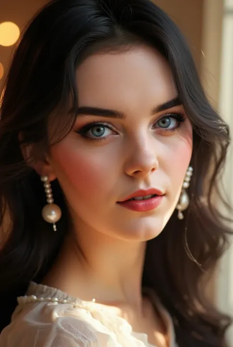 Create the image of a young 18-year-old woman with an angelic and delicate face. She has soft, clear skin with a pinkish tone that highlights her cheeks. Her eyes are large, expressive, light blue with long, defined eyelashes. Her lips are full, with a nat...