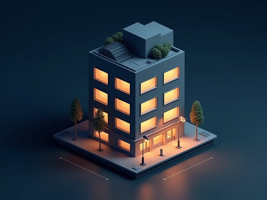 Isometric 3D building, modern architecture, minimalist design, night scene, low-poly style, glowing windows, street lights, traffic light, small trees on roof, dark background, soft illumination, geometric shapes, urban environment, miniature scale, clean ...