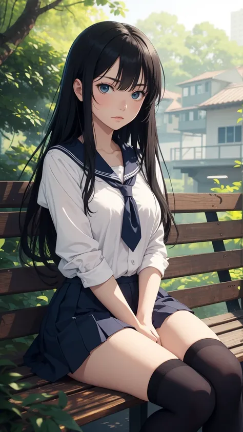 A teenage girl with long, straight black hair and a sharp, annoyed expression, sitting on a bench in a city plaza. She’s wearing a typical anime-style Japanese school uniform: a white blouse with a sailor collar, a navy blue skirt, knee-high socks, and bla...